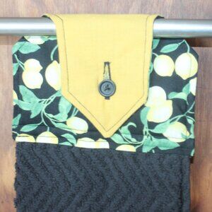LEMON BLACK & YELLOW HAND TOWEL HANDMADE HANGING KITCHEN BLACK TERRY TOWEL
